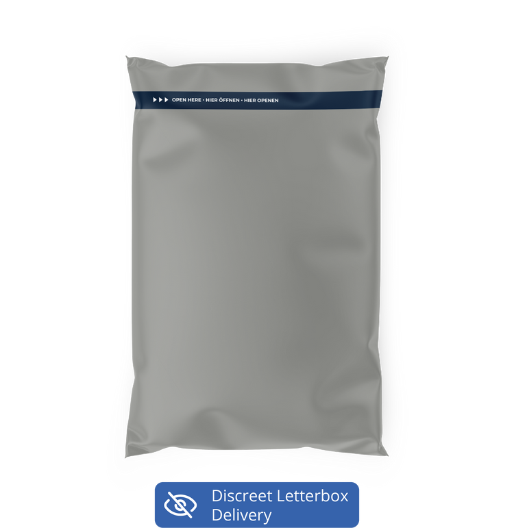Gray mailer bag with a blue label on a white background